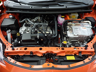 Orange Toyota Hybrid Engine Bay Close-Up