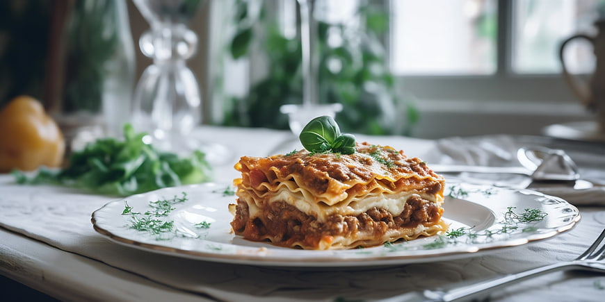 Homemade Lasagna Bolognese on White Plate with Basil Garnish