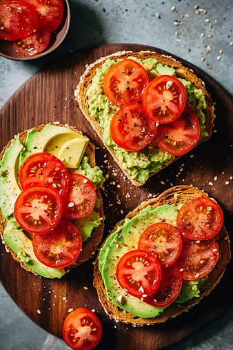 Overhead View of Avocado Toast with Sliced Tomatoes