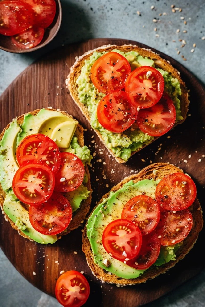 Overhead View of Avocado Toast with Sliced Tomatoes