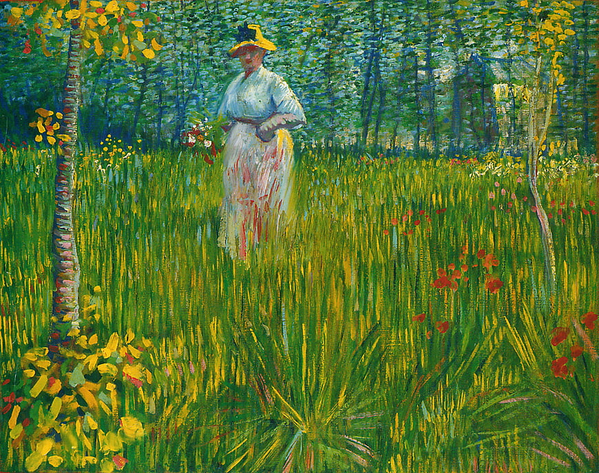 Woman in Yellow Hat Walking Through Green Field Painting