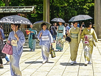 Women in Kimonos Walking with Parasols at Japanese Shrine