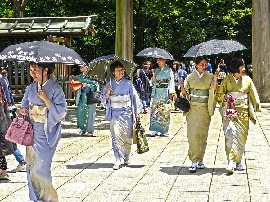 Women in Kimonos Walking with Parasols at Japanese Shrine