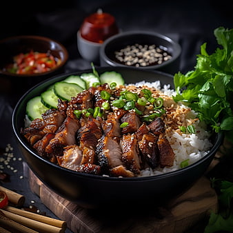 Gourmet grilled pork rice bowl with cucumber and garnish