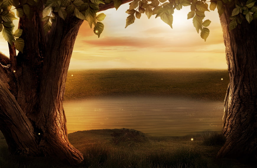 Fantasy Landscape with Trees, Lake, and Golden Sunset
