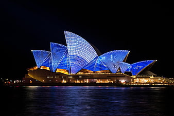 Sydney Opera House Illuminated in Blue at Night