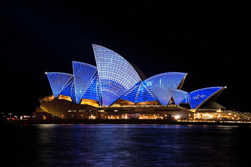 Sydney Opera House Illuminated in Blue at Night