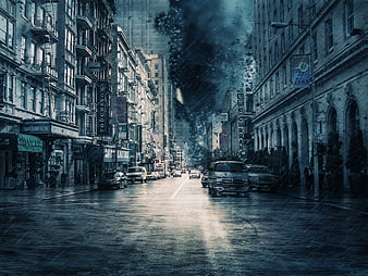 Dramatic city street with dark storm clouds and rain