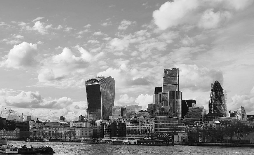 Black and White London Skyline with Gherkin and Walkie Talkie