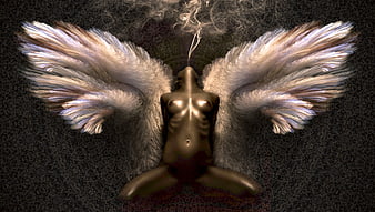 Surreal Angel Figure With Wings And Smoke
