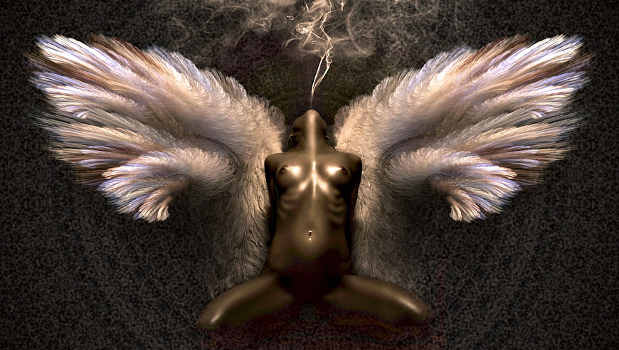 Surreal Angel Figure With Wings And Smoke