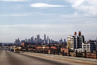 Vintage New York City Skyline View from Highway