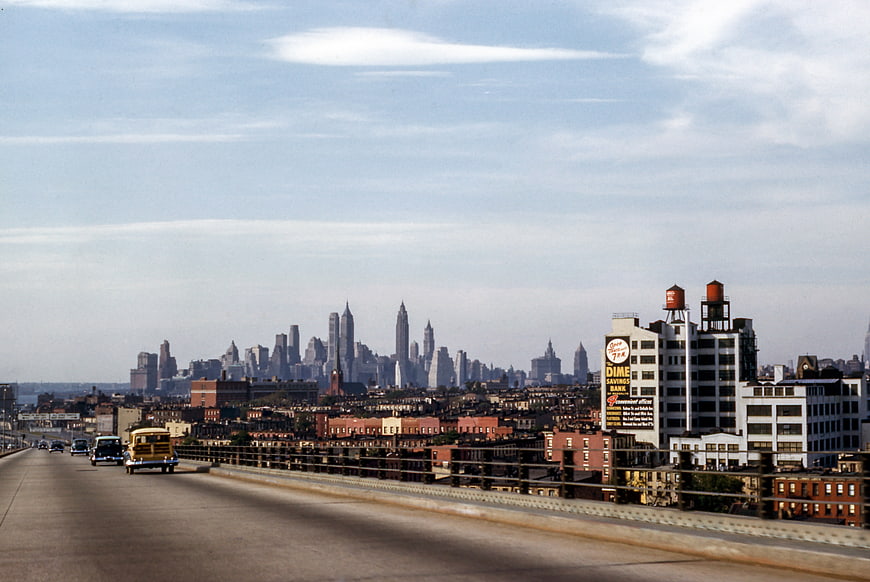 Vintage New York City Skyline View from Highway