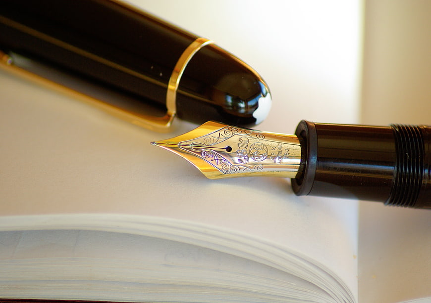 Close-up of Montblanc fountain pen nib on notebook