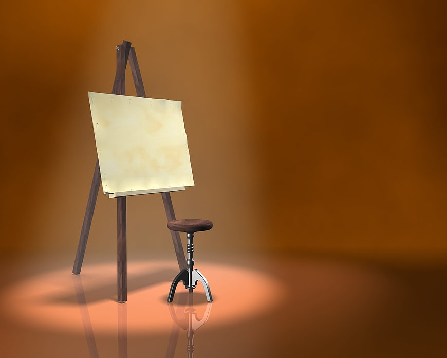 3D Render of Wooden Easel and Stool in Warm Brown Studio