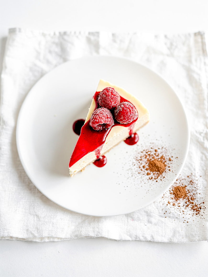 Raspberry Cheesecake Slice on White Plate