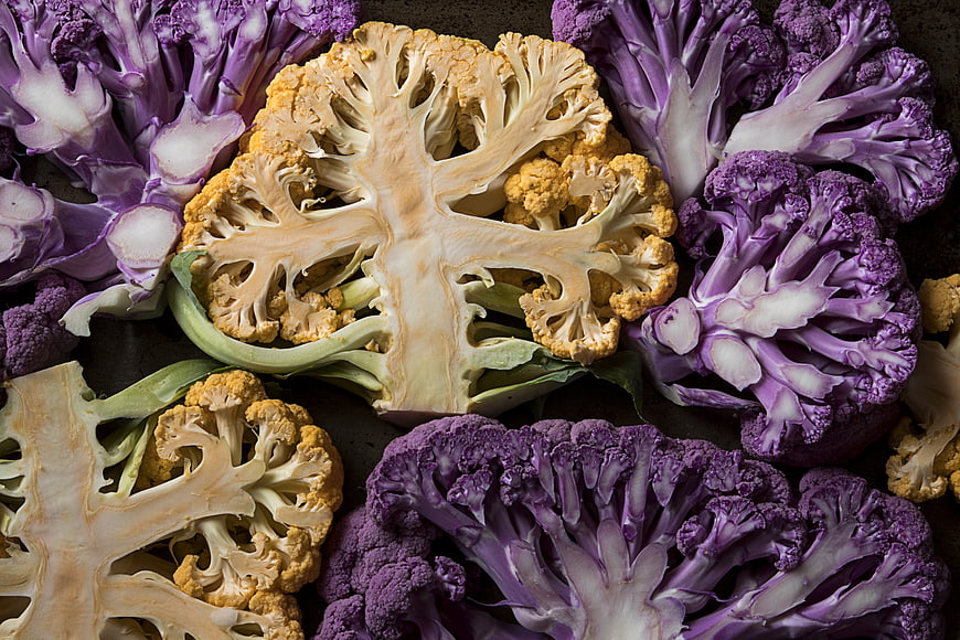 Colorful Purple and Orange Cauliflower Cross Sections