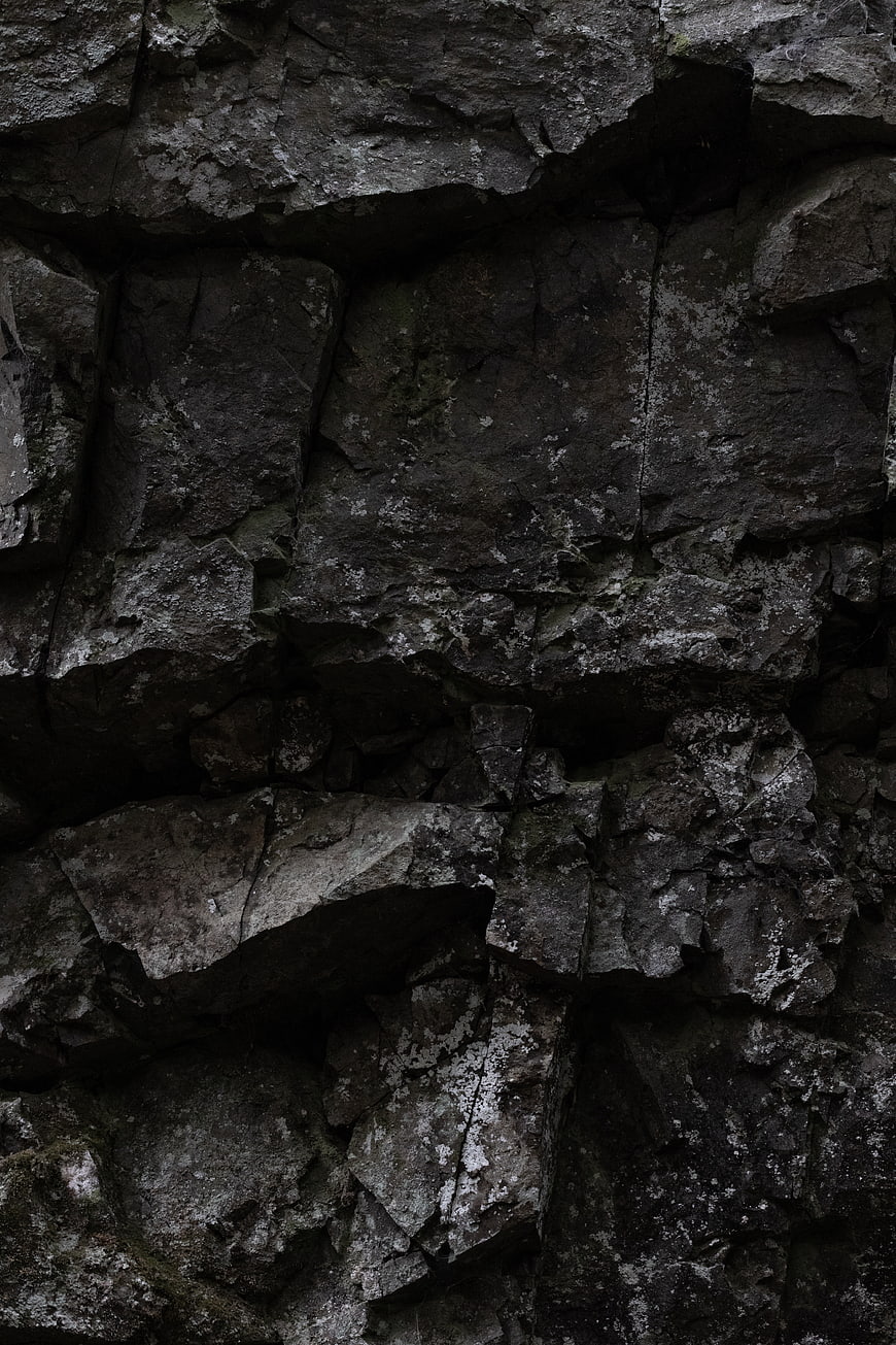 Dark jagged rock texture with lichen details