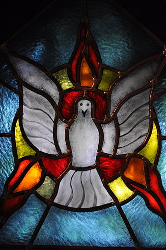 Stained Glass Dove Window With Holy Spirit Flame