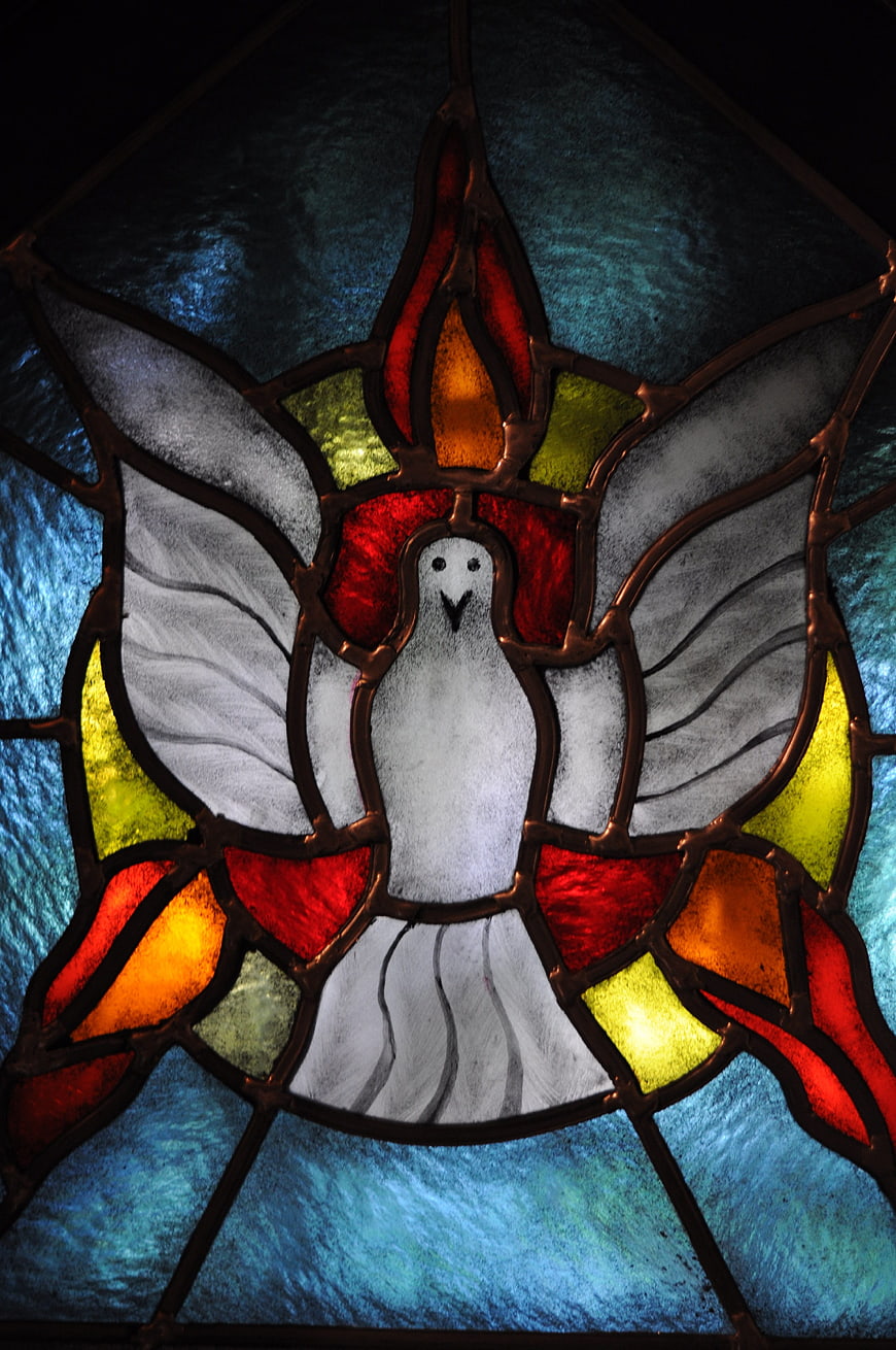Stained Glass Dove Window With Holy Spirit Flame