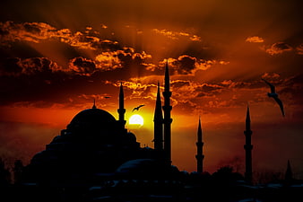 Suleymaniye Mosque Silhouette Against Dramatic Orange Sunset Sky