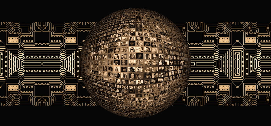 3D Sphere of Faces on Circuit Board Background