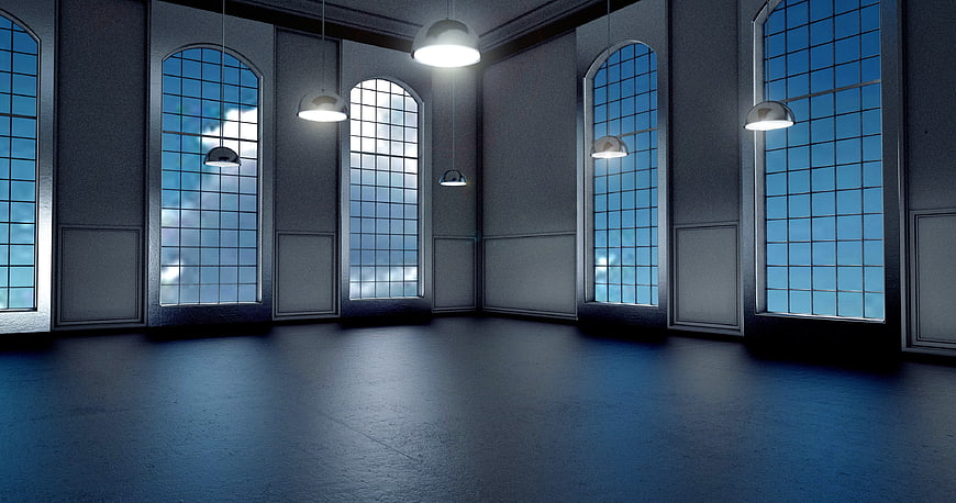Empty 3D Interior Room with Arched Windows and Blue Sky