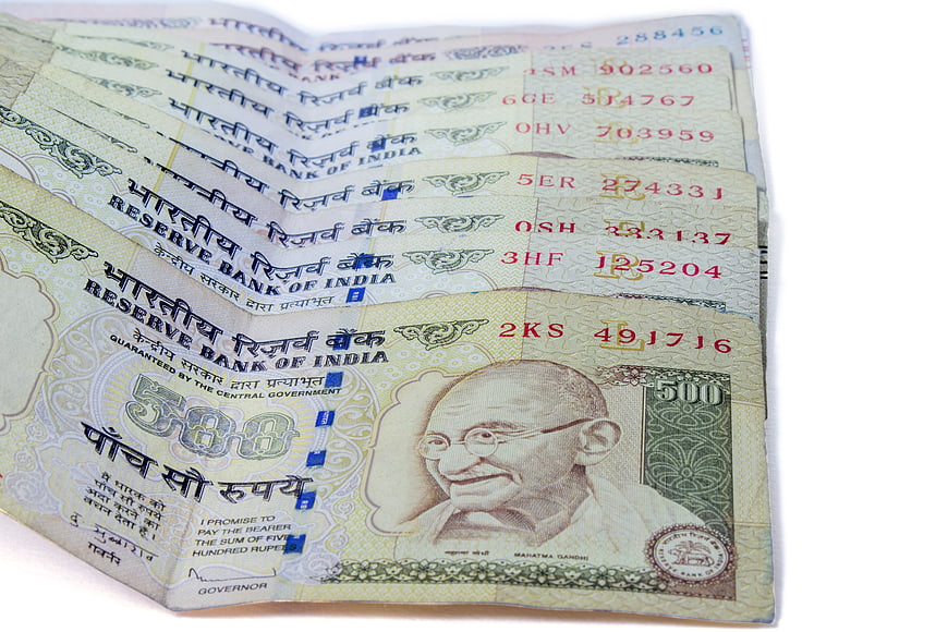 Stack of Indian 500 Rupee Banknotes Featuring Mahatma Gandhi