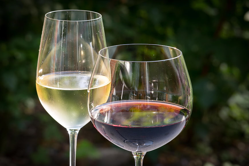 White and Red Wine Glasses Against Blurred Green Garden Background