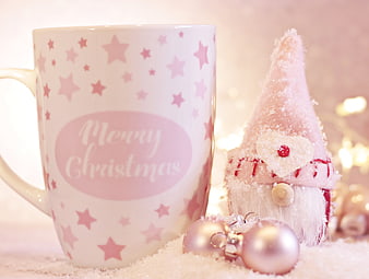 Pink Merry Christmas Mug and Gnome Figurine with Snow and Ornaments