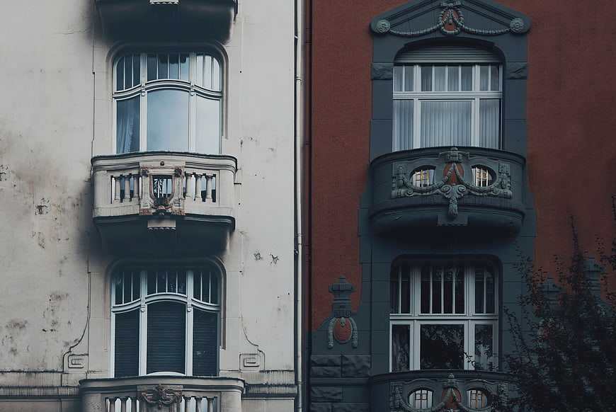 Contrasting European Apartment Balconies and Windows