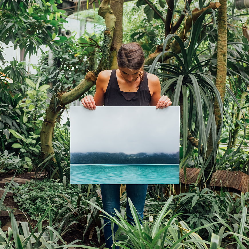 Woman holding landscape print in lush tropical greenhouse
