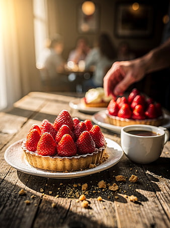 Fresh Strawberry Tart and Coffee on Rustic Wooden Table