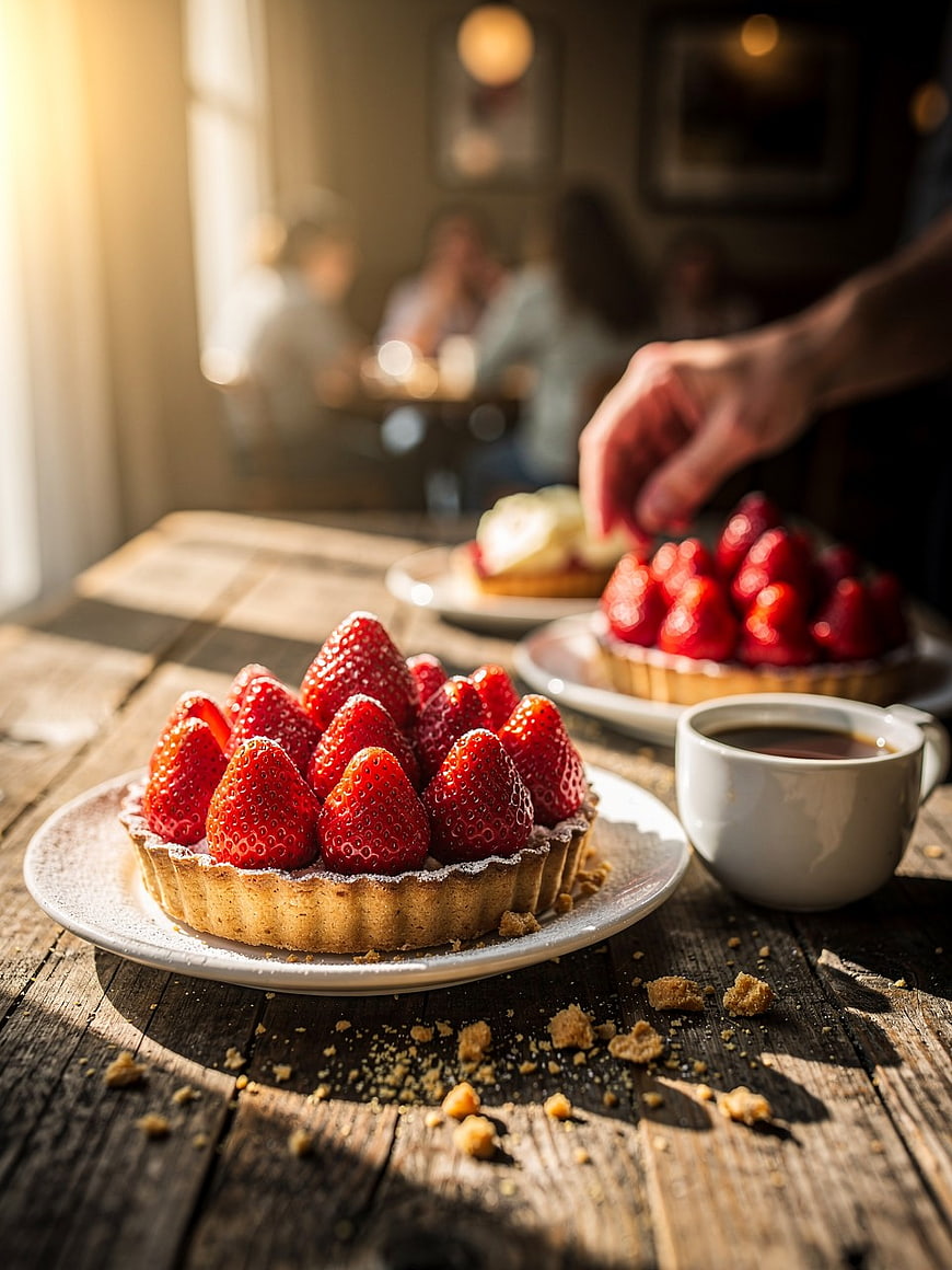 Fresh Strawberry Tart and Coffee on Rustic Wooden Table