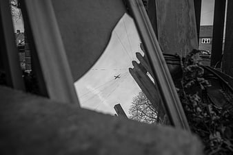Airplane Reflection in Broken Mirror Black and White