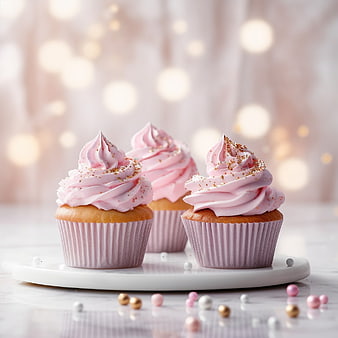 Pink Frosted Cupcakes with Gold Sprinkles on White Stand