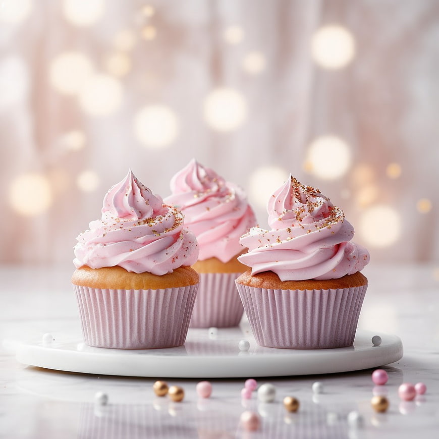 Pink Frosted Cupcakes with Gold Sprinkles on White Stand