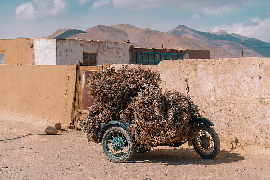 Motorcycle loaded with dried brush in desert village