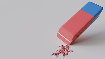 3D Render of Red and Blue Eraser with Shavings on Gray Background