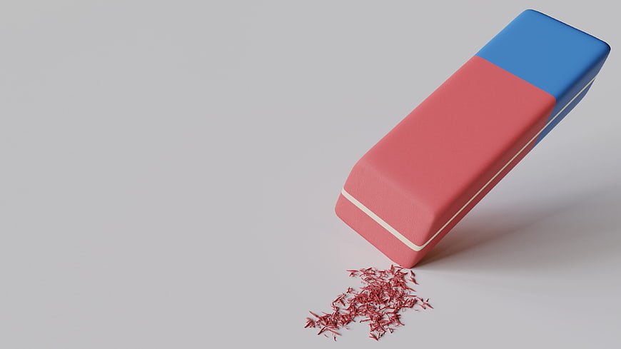 3D Render of Red and Blue Eraser with Shavings on Gray Background