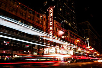 Chicago Theatre Night Long Exposure Light Trails