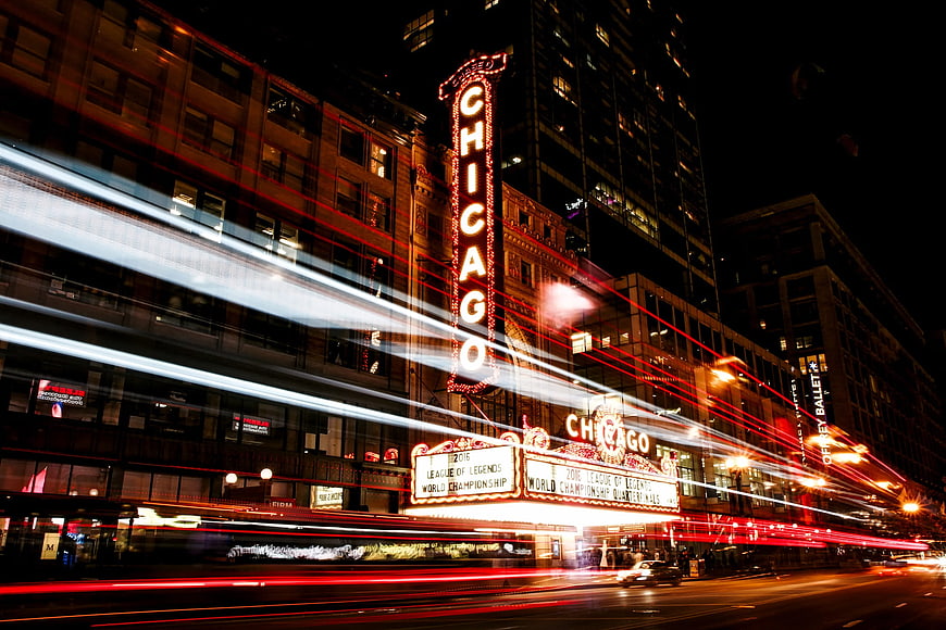 Chicago Theatre Night Long Exposure Light Trails