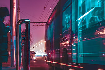Cyberpunk Night City Street Scene With Tram And Neon Lights