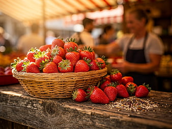 Fresh Strawberries in Wicker Basket at Farmers Market