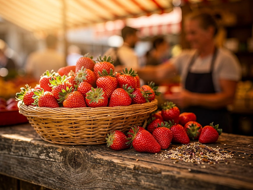Fresh Strawberries in Wicker Basket at Farmers Market