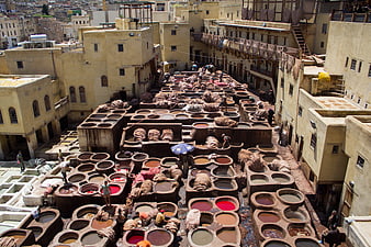 Traditional Leather Tannery in Fez Morocco with Colorful Dye Vats