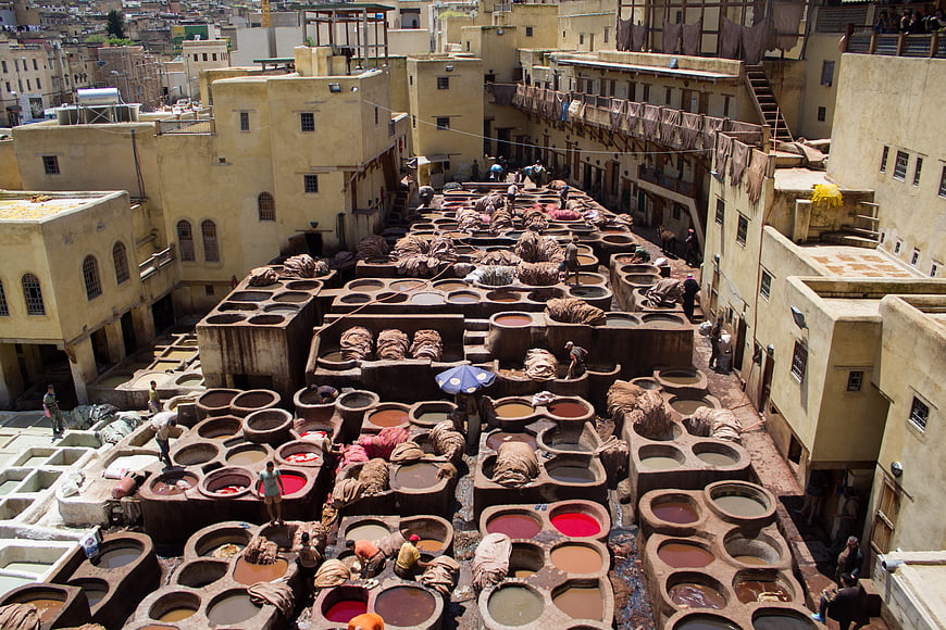 Traditional Leather Tannery in Fez Morocco with Colorful Dye Vats