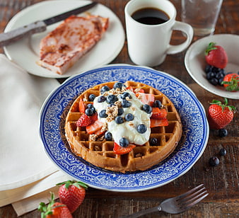 Delicious Waffle with Berries and Coffee on Rustic Table