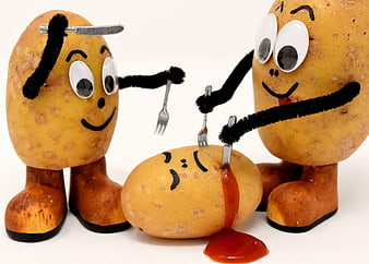 Funny Potato Characters Eating Potato With Ketchup
