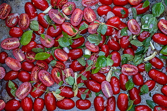Roasted Cherry Tomatoes with Basil and Garlic on Baking Sheet